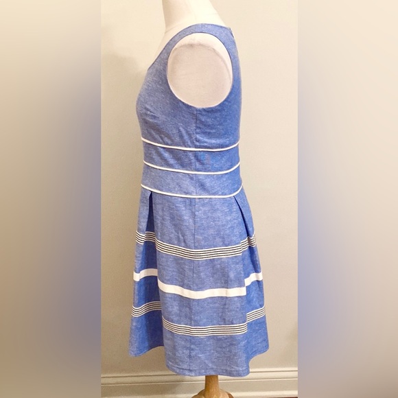 Ann Taylor Blue White Striped Textured Linen Blend Sleeveless Lined MIDI Dress 4 - Picture 6 of 15